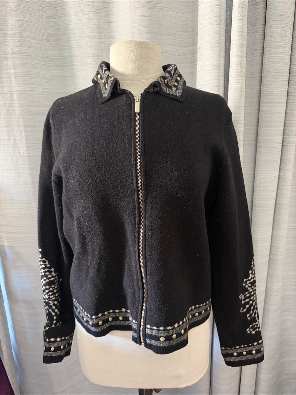 Saint Laurent Black Zip-Front Wool Jacket with Stud Trim